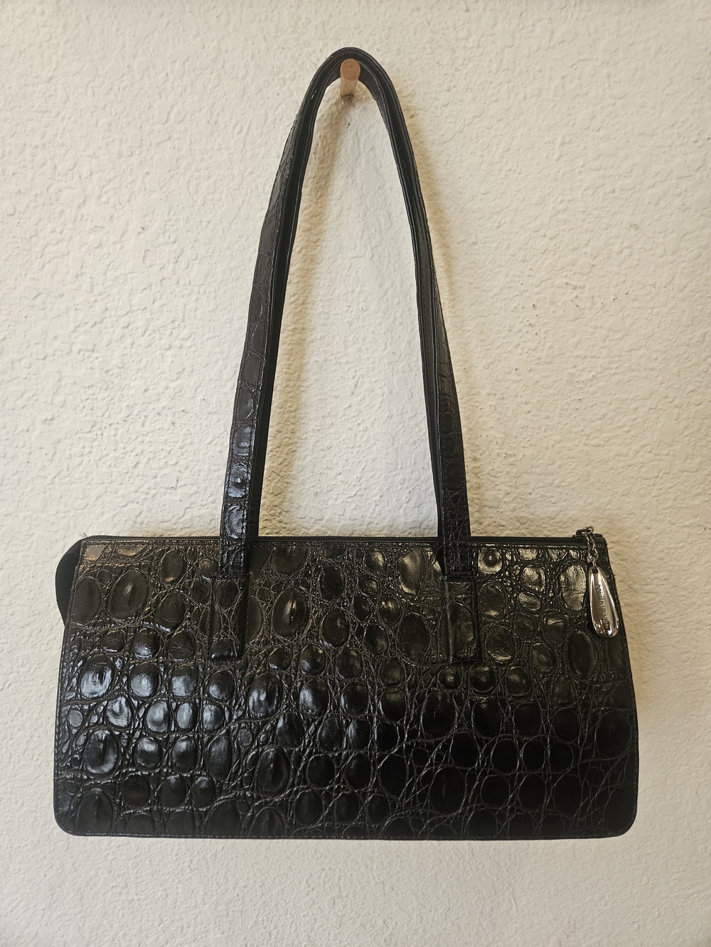 Vintage Donald J Pliner Black Crocodile Embossed Leather Baguette Shoulder Bag